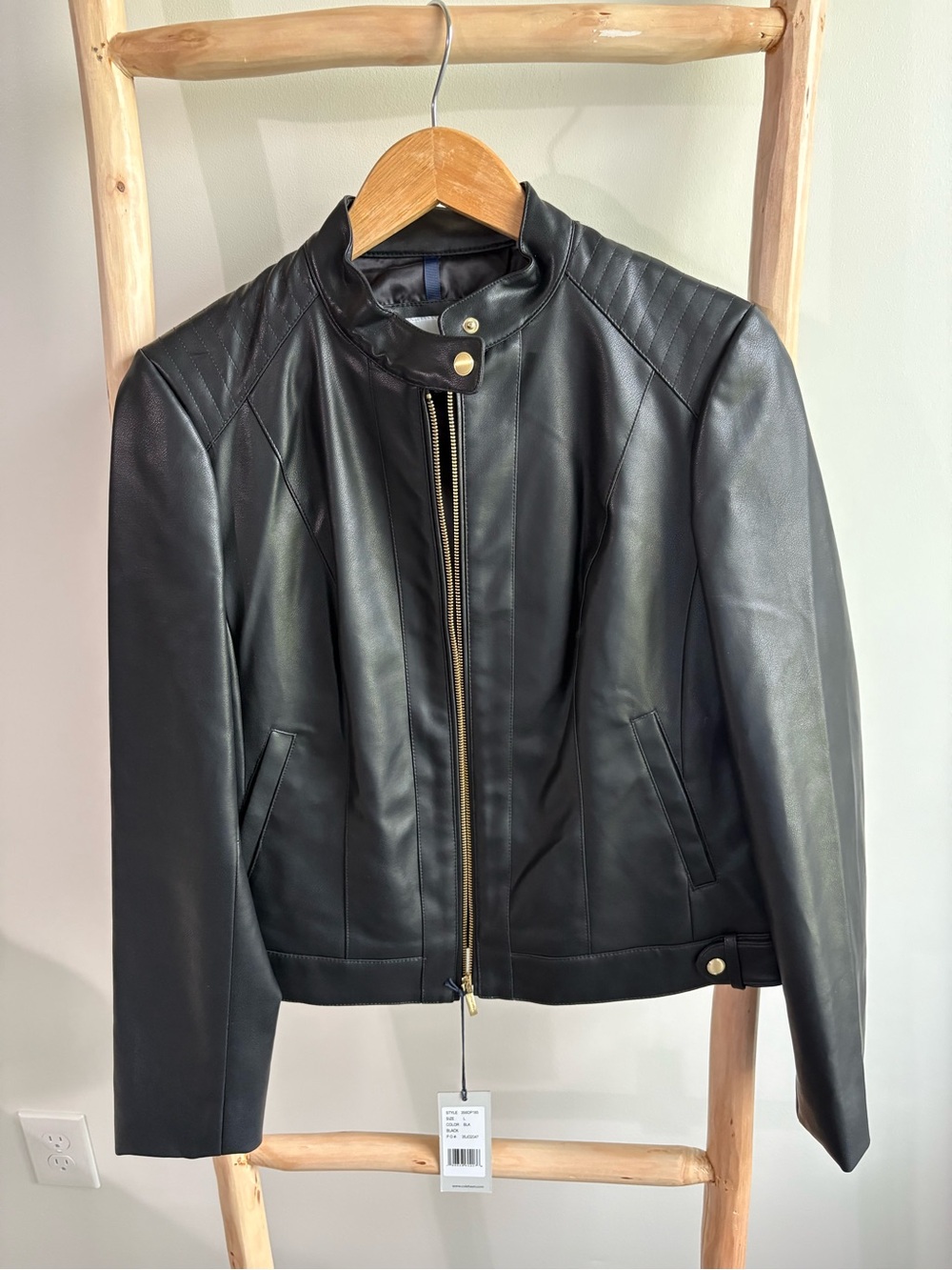 NWT Cole Haan Signature Black Leather Moto Jacket Gold Hardware Large